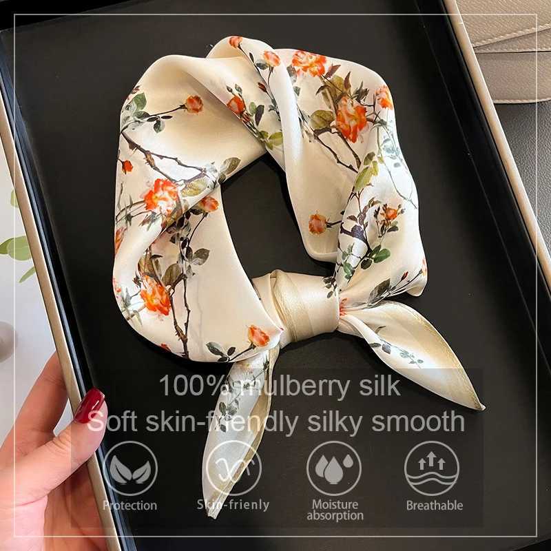 100 Silk Scarf Plum Blossom Pattern Square Scarves for Women Wrap Kerchief Mulberry Silk Bandana Fashion Luxury Headband Hijab Z260330