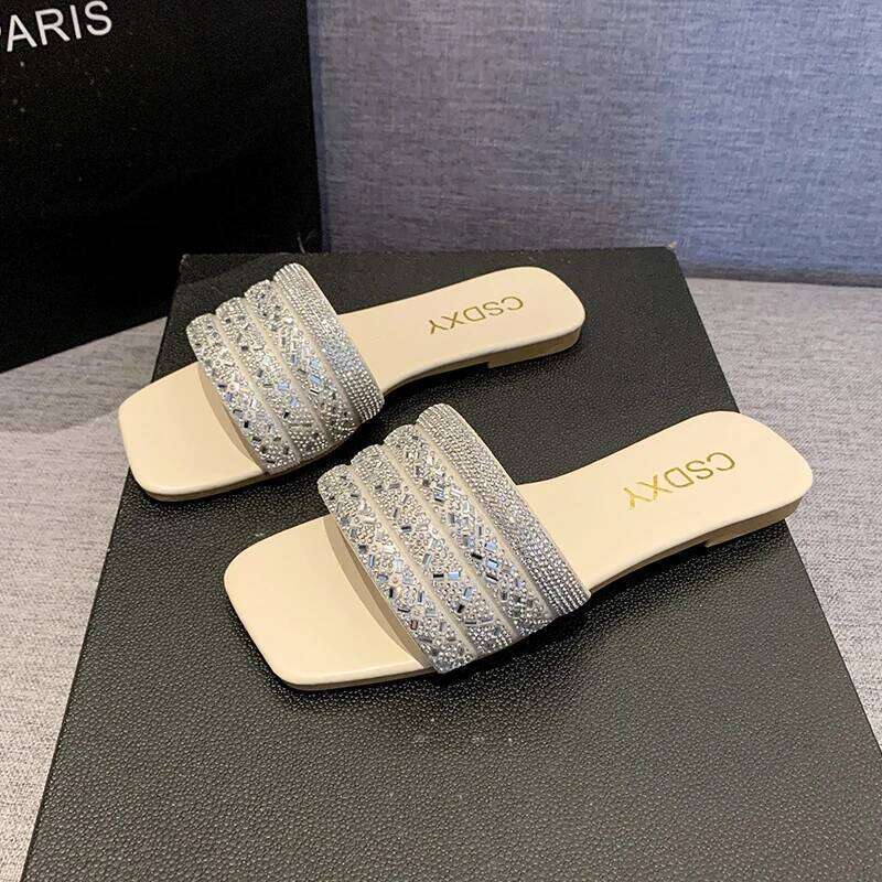 Women Bling Rhinestone Decor Slide Sandals Summer Fashion Casual Outdoor Office Party Elegant Sexy 2026 New Light Flats Beige
