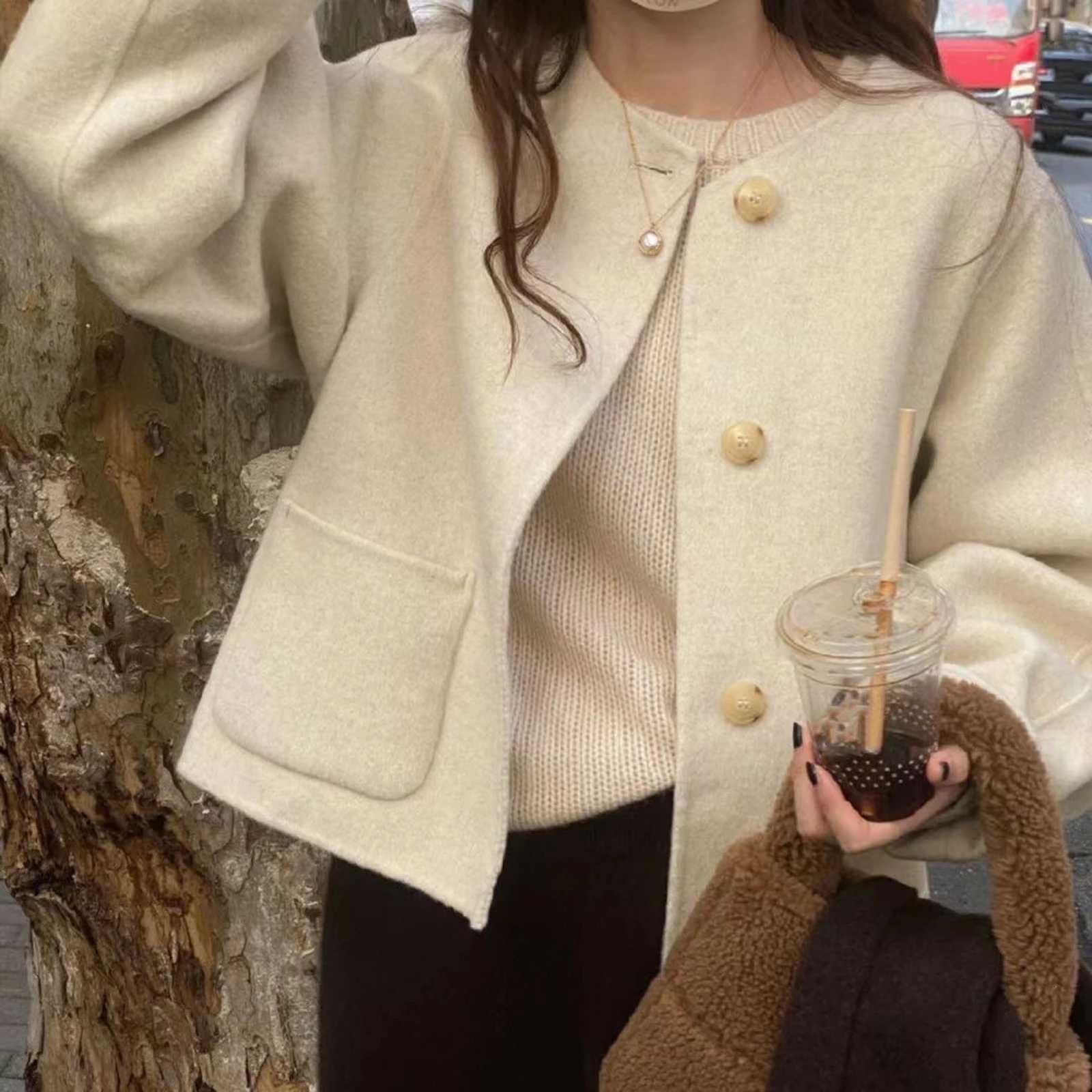 Round Neck Jacket Stylish Single-breasted Womens Coat for Fall Spring Long Sleeves Cardigan in Solid Color Loose Fit for DatingT260328