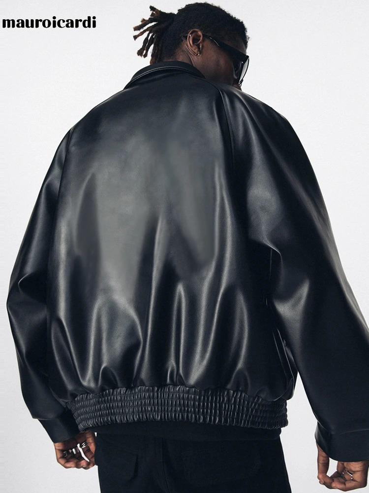 Mauroicardi Autumn Casual Oversized Black Pu Leather Jacket for Men Style Raglan Sleeve Turndown Collar Loose Korean Fashion 260327