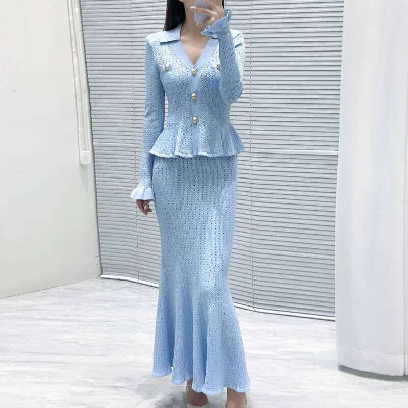 Fall French Style V-Neck Ruffle Blouse & Skirt Set, Slim Fit Elegant 2 Piece Office Outfit, Viscose + Nylon Blend Mdng260330