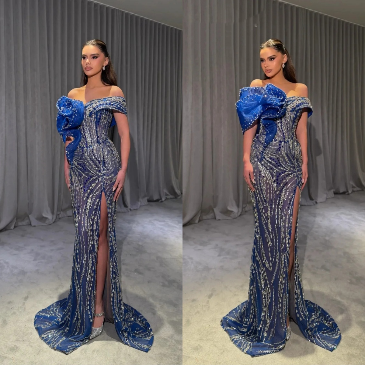 Fashion Off The Shoulder Prom Dresses Elegant Sequined Lace Crystal Evening Dress Floor Length Party Gown Customized