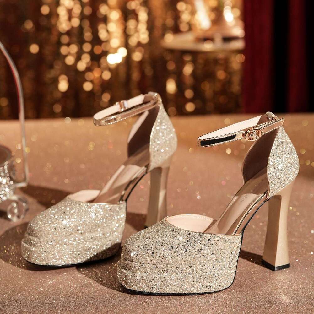 2026 Women Wedding Chunky Heel Glitter Waterproof Platform Mary Jane Lolita Hollow Dress Shoes High Heels