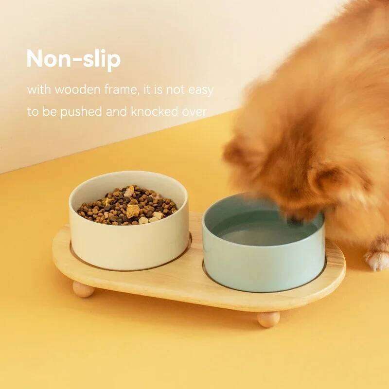 1800ML Ceramic Small Dog Food Water Bowl Elevated Cat Large Capacity Double Feeding Bowls with Wooden Stand Pet Drink Eat Feeder 26W0330