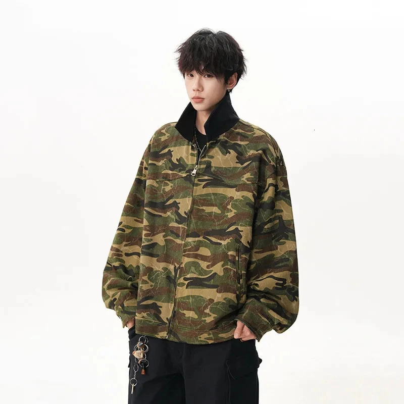American Style Green Black Camouflage Lapel Mens Jacket Versatile Casual Zipper Coat 2026 Spring Male Clothing 260327