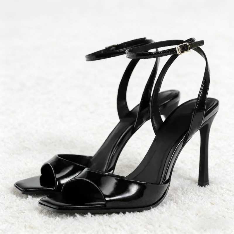 Gold Patent Leather Ankle Buckle High Heeled Sandals Women Sexy Square Toe Open Toe High Heels Summer Fashion Party Office Shoes Z260330