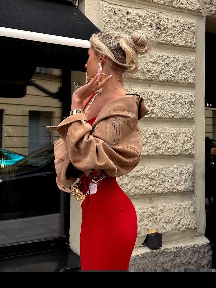 Womens Vintage Camel Suede Cropped Jacket Lapel Collar Long Sleeve Zipper Up Bomber Coat Streetwear 2026 Lady Date OutfitsT260328