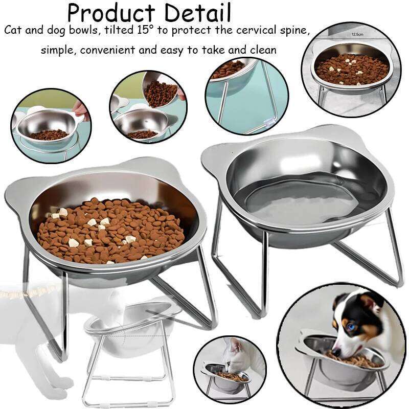 15 Tilted Elevated Dog 304 Stainless Steel Anti-Vomiting Pet Food Water Bowl Spine Protection for Dogs Cats 26W0330
