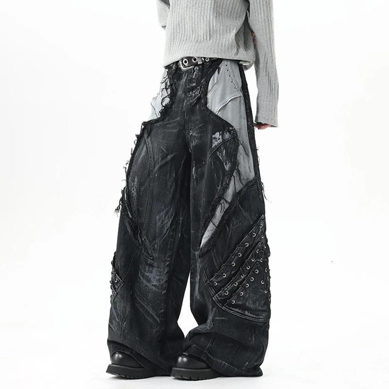 IEFB High Street Mens Denim Trousers Patchwork Contrast Color Drawstring Raw Edge Dirty-dying Worn-out Male Jeans 9X1768 260327