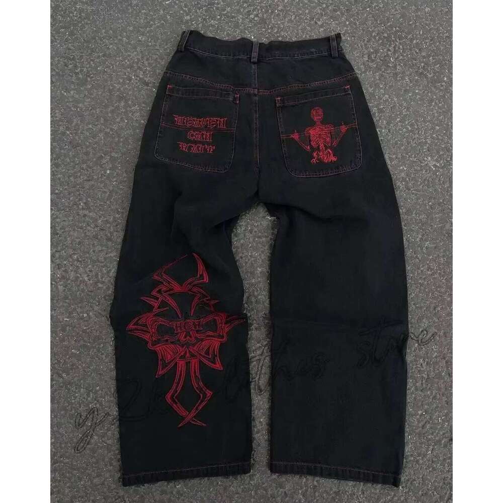 Y2K Jeans Mens Hip Hop Retro Skull Embroidery Washed Baggy Denim Pants New Straight Casual Loose Wide Leg Trouser Streetwear 26Y0330
