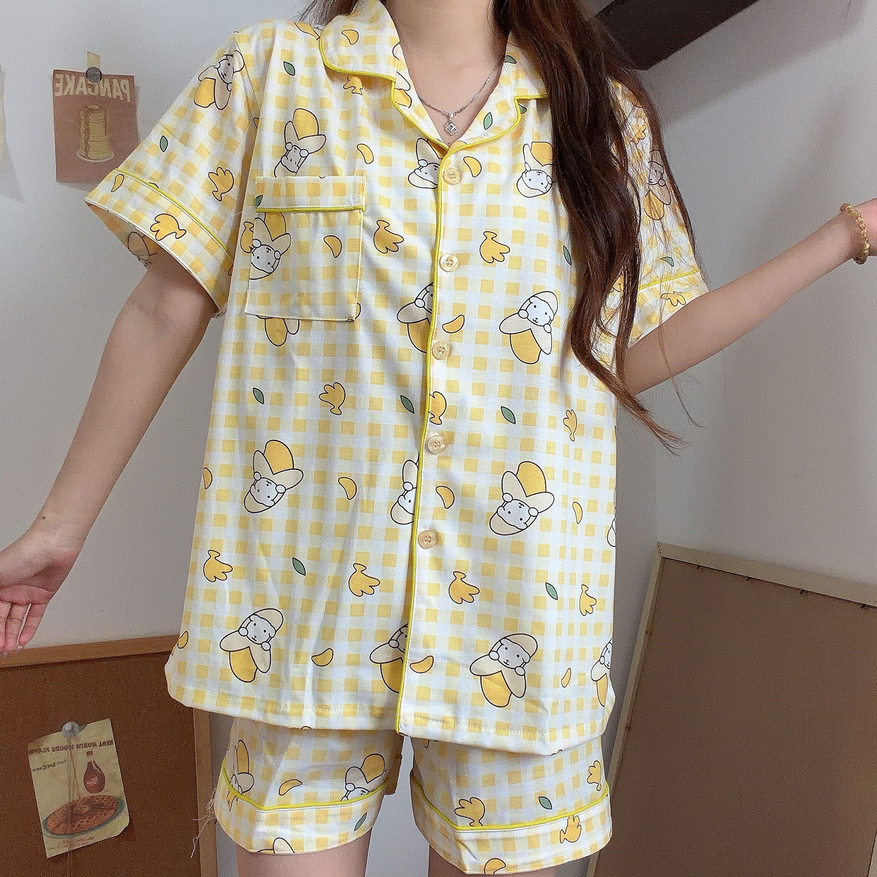 2026 plaid puppy sleepwear summer new short sleeved women's sleepwear cartoon cute cardigan Korean home clothes luxury sleepwear fashionable vers