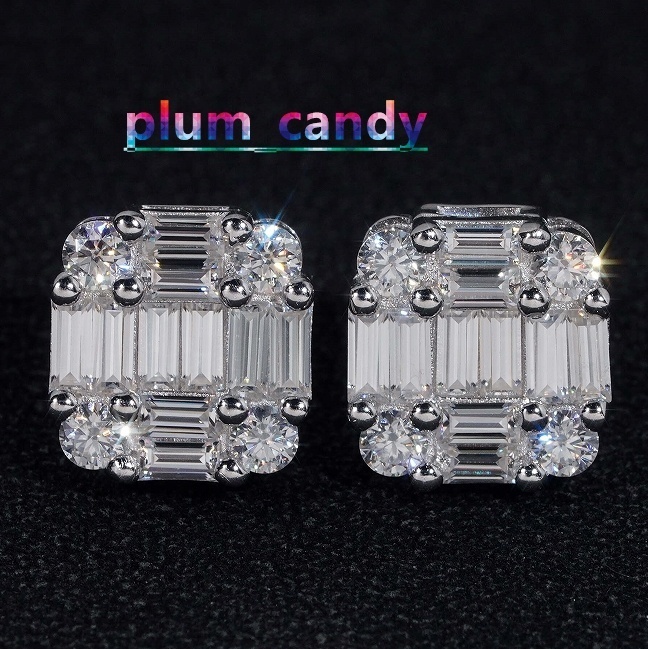 Ready to Ship Hip Hop Jewelry Pass Diamond Tester 925 Sterling Silver VVS Moissanite Diamond Classic Baguette Stud Earrings