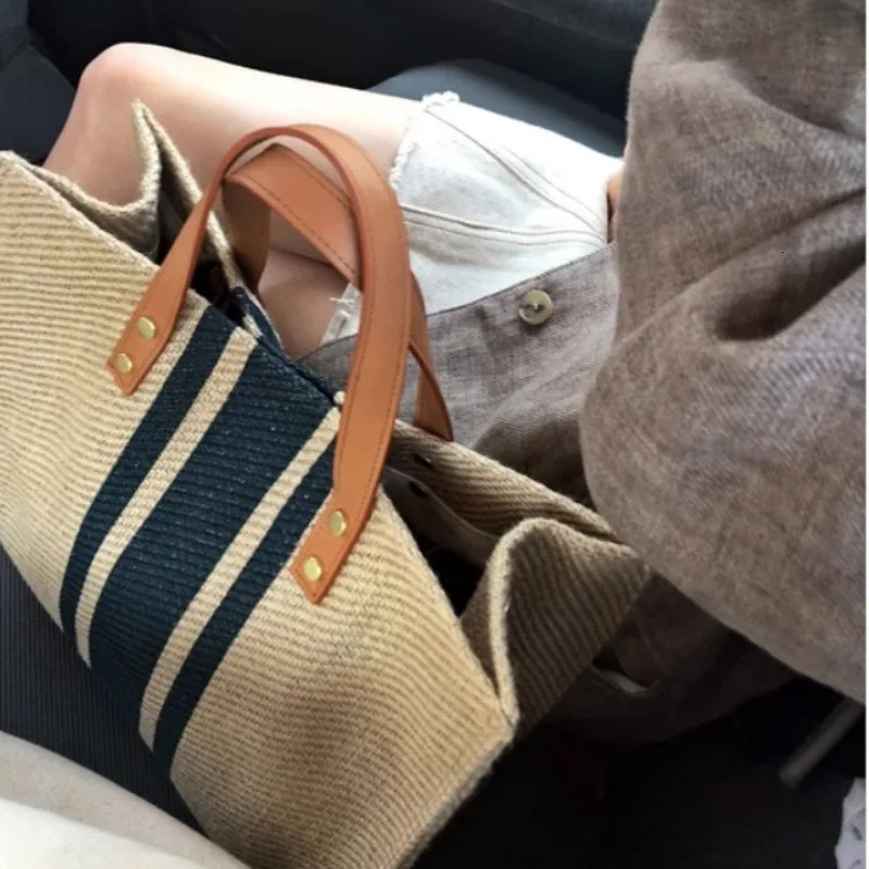 Simple Canvas Stripe Decor Bucket Handbags Women Top Handle Tote Bag Large Capacity Casual Shoulder Crossbody Bags260316