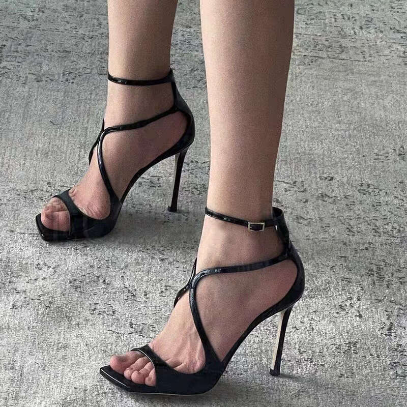 Women High Heels Square Toe Thin Heel Fish Mouth Black Patent Leather New Summer Sexy Cross Roman Sandals Women