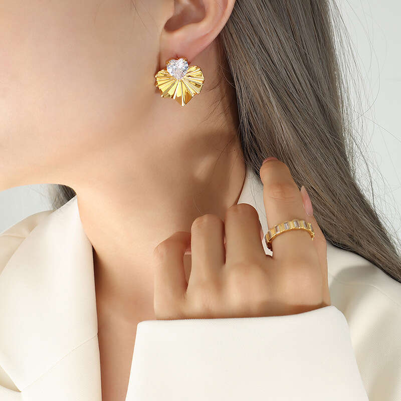 Heart-shaped Zircon, Gold Silver Leaf Tassel, Fresh And Simple Earrings, Copper Material Jewelry, Ear Women's Accessories, Wholesale