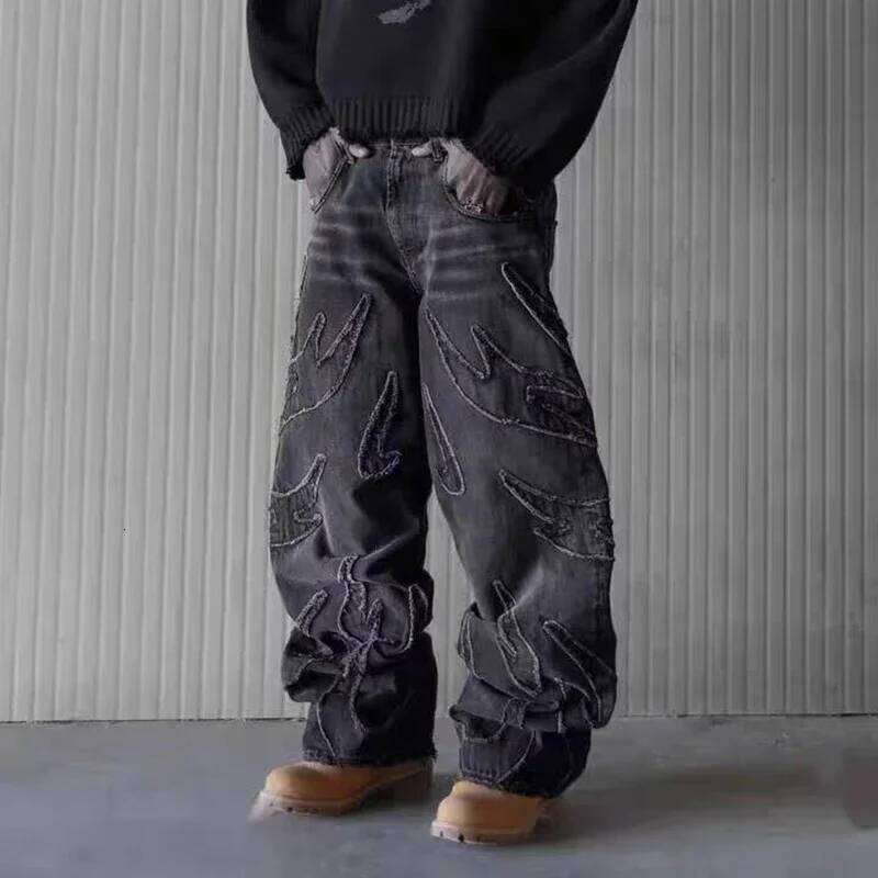 Gothic Retro High Waisted Wide Leg Trousers Y2k Hip Hop Baggy Men's Street Fashion Raw Edge Embroidered Jeans 26Y0330