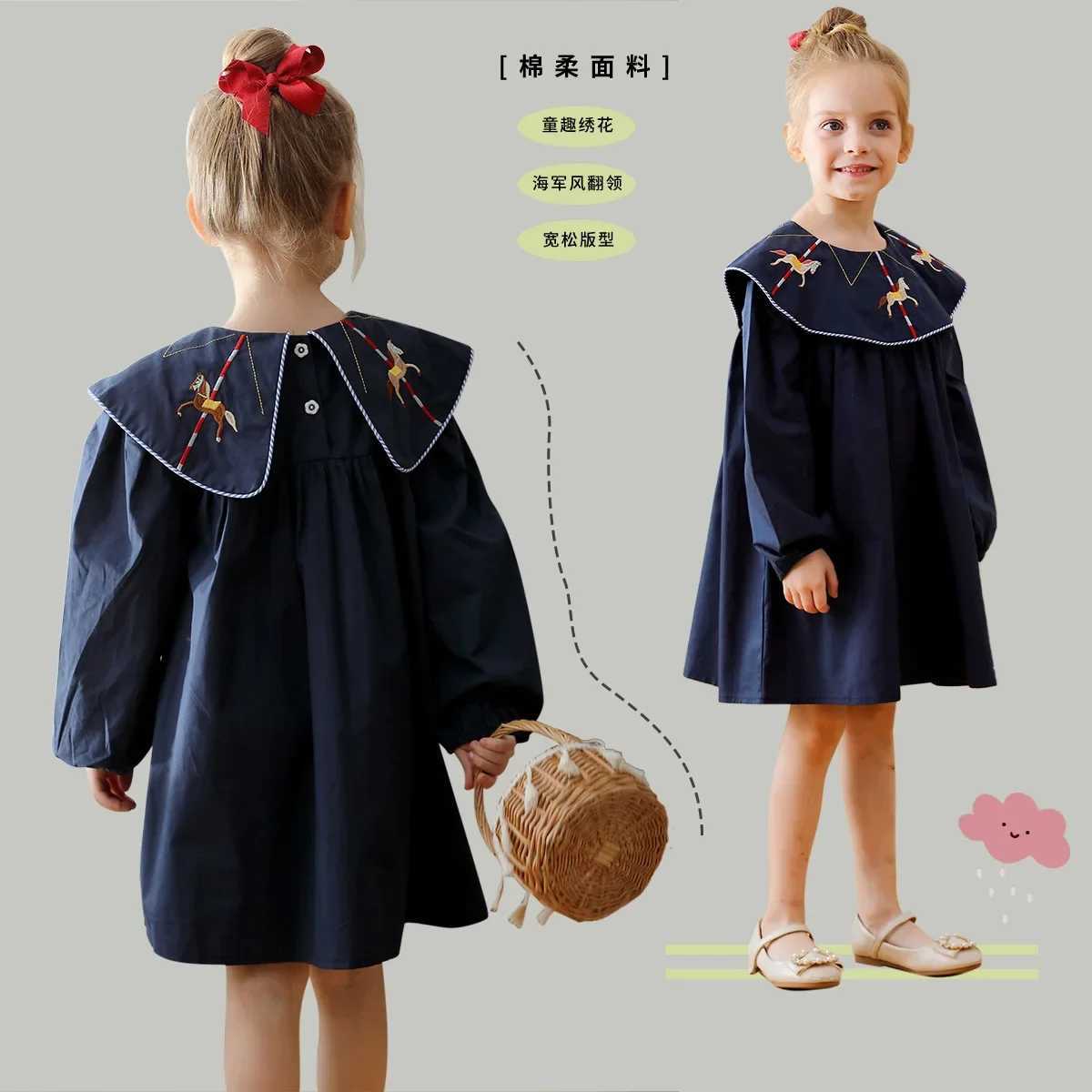 Girls Casual Dresses Carousel Embroidered Lapel Long-sleeved Dress for Girls Wedding Dress Kids Clothes for GirlsT260330