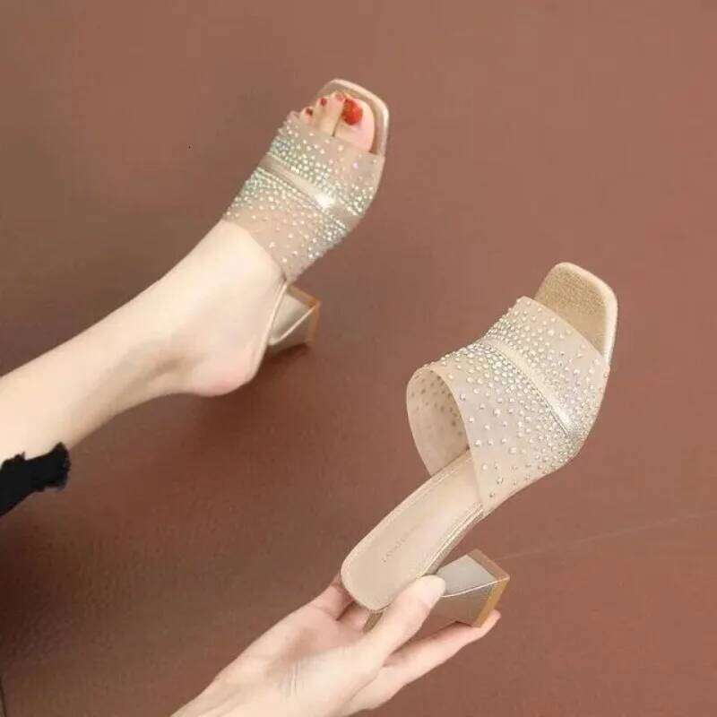 Women's Summer Open Toe Sandals Mesh Rhinestone Strap Chunky Mid Heel Outdoor Slippers