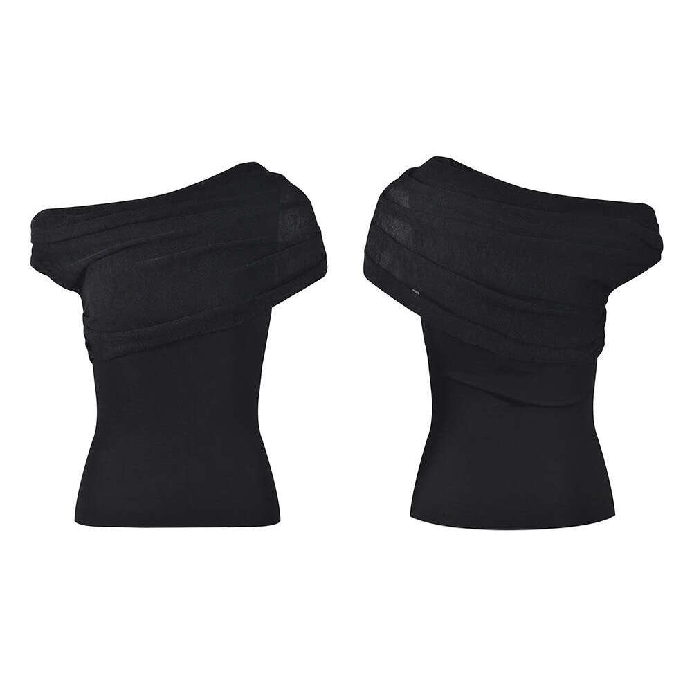 2026 Spring and Summer New Off Shoulder Ruffle FC Sexy Clavicle k30 Show Elegant Fashion Slim Black Top