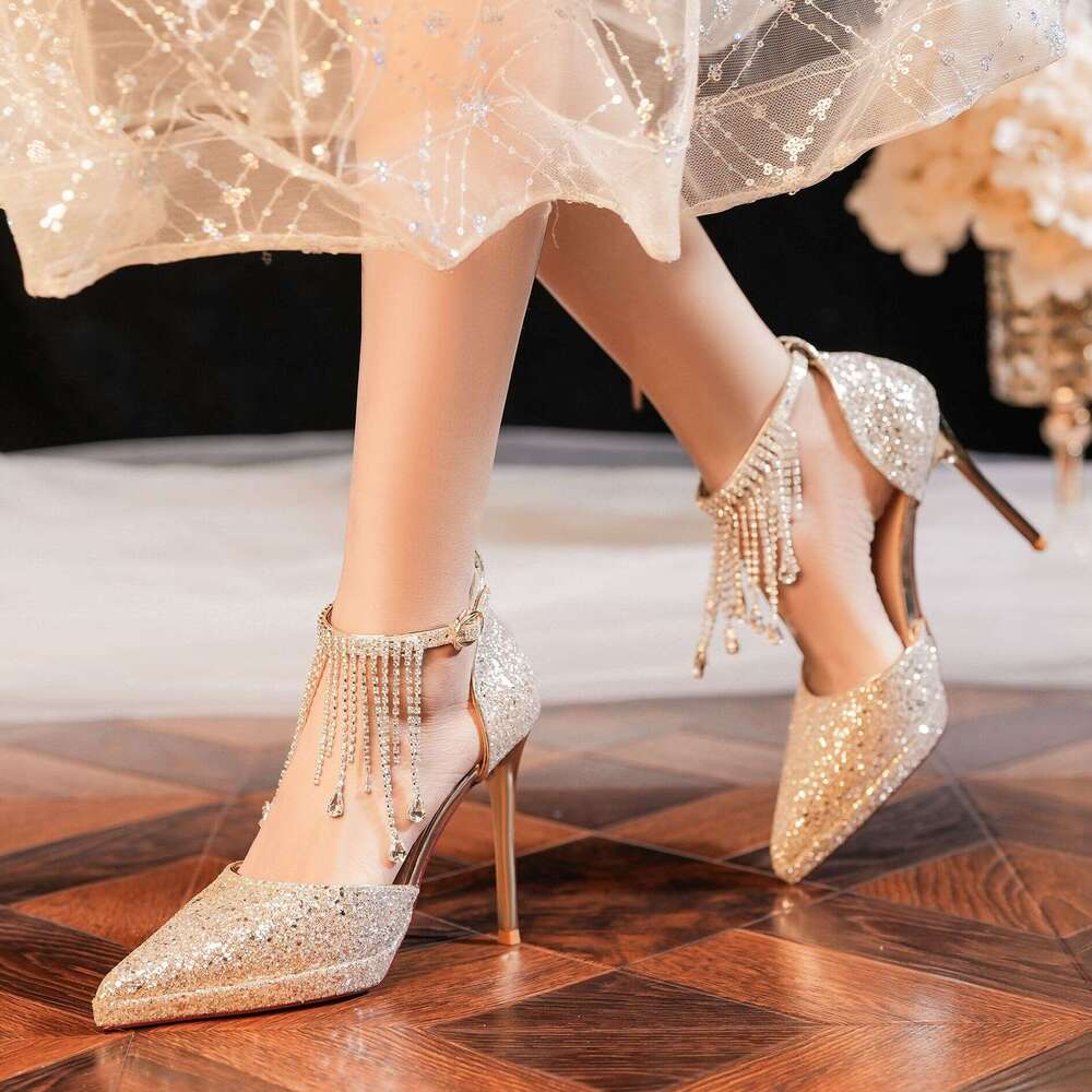 Crystal Tassel Rhinestone One Strap Waterproof Platform Sequin Stiletto High Heels Wedding Banquet Shoes