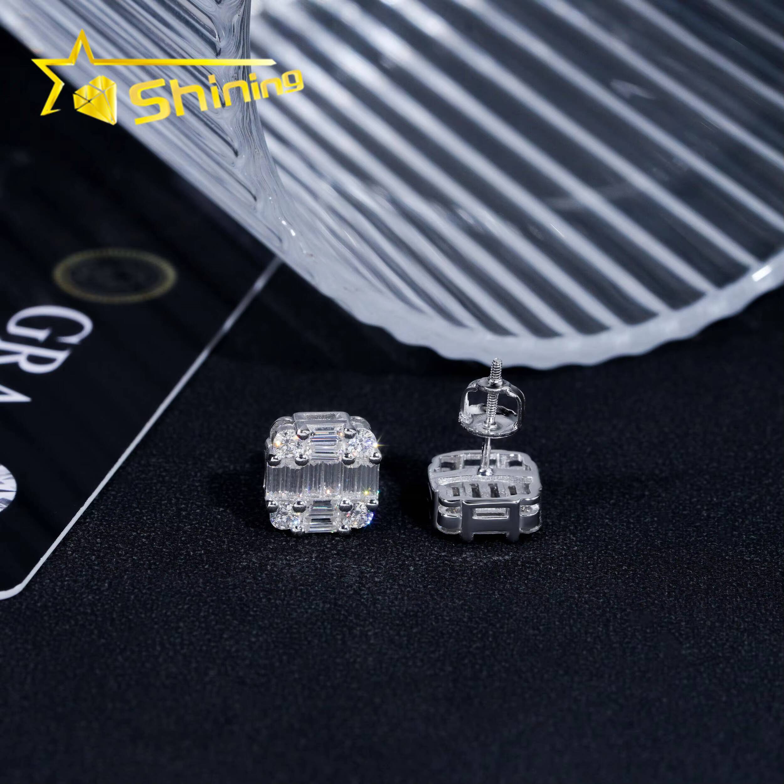 Ready to Ship Hip Hop Jewelry Pass Diamond Tester 925 Sterling Silver VVS Moissanite Diamond Classic Baguette Stud Earrings