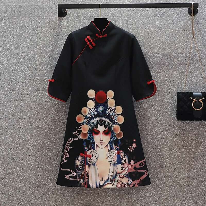 INS M-4Xl NEW 2022 Black Peking Opera Print Fashion Modern Cheongsam Dress Women Short Sleeve Qipao Traditional Chinese Style MAKOUFEI