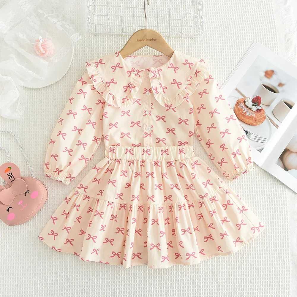 2025 New Girls Autumn Clothing Long Sleeve Flip Collar Printed Shirt Top Short Skirt Spring Fashion Casual Childrens SetT260330
