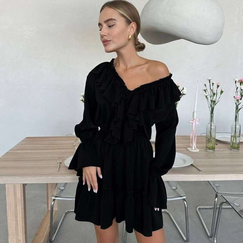 2026 New Fashionable V-neck Ruffled Bell Sleeve White with Pleated Hem, Spring Women's Designer Puffy Dress