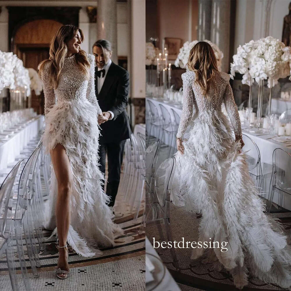 Luxury Mermaid Wedding Dresses Jewel Pearls High Waist Long Sleeves Feathers Court Custom Made Plus Size Zipper Bridal Gown Vestidos De Novia D0330