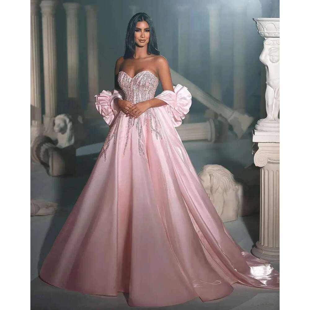 Pink Sweetheart Wedding Dress Princess A e Satin Beads Sequins Bridal Bride Gowns With Wrist Corsages Custom Made Vestios De Novias