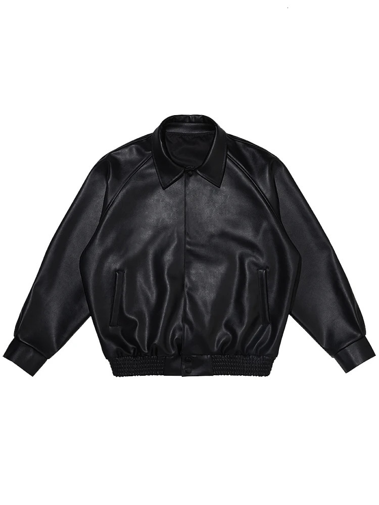 Mauroicardi Autumn Casual Oversized Black Pu Leather Jacket for Men Style Raglan Sleeve Turndown Collar Loose Korean Fashion 260327
