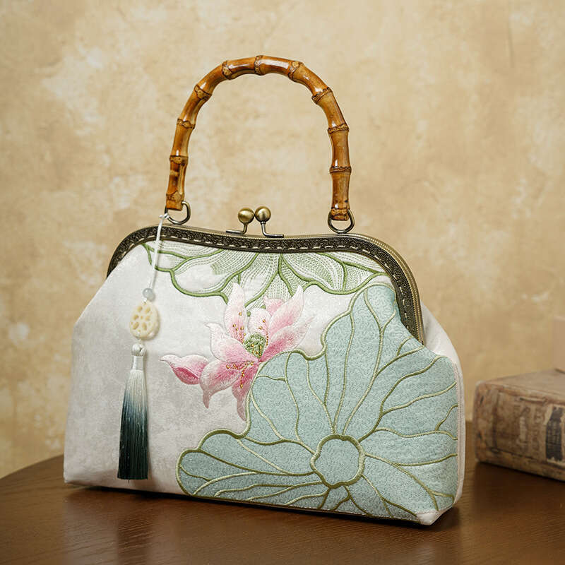 Pink Lotus Silver Leaf Heavy Embroidery Chinese Style Qipao Hanfu Handbag Bamboo Knot Tassel Handheld Bag Chinese Fashion Bag Tote