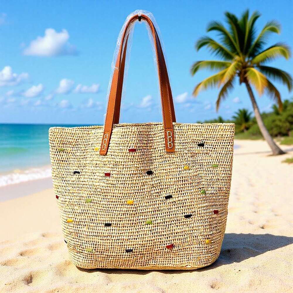 Totebag Shoulder ROSE NOIRE Japanese Style Hand Crocheted Raffia And Genuine Leather Strap Woven Women Embroidered Tote For Seaside Vacations Shoulder