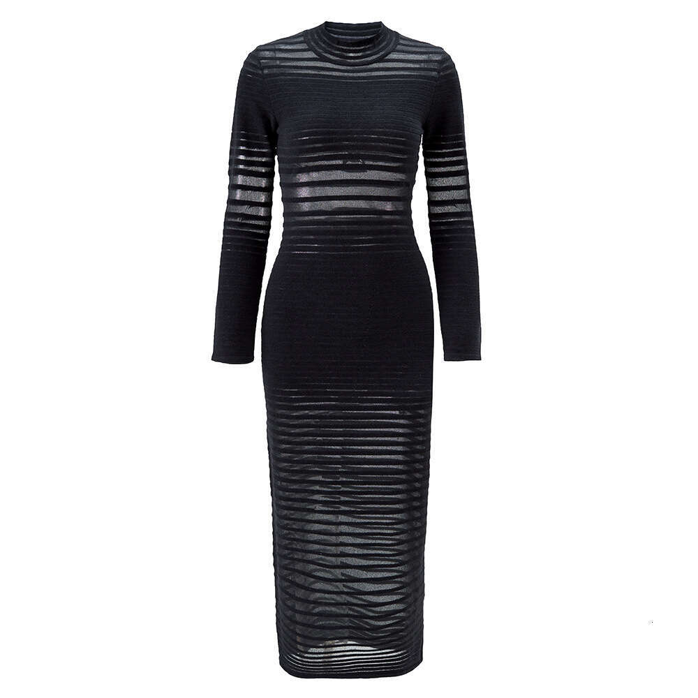 New Spring q26 and Autumn Designer Fashionable and Elegant Fine Yarn Splicing Sexy Long Sleeve Black Knitted Dress