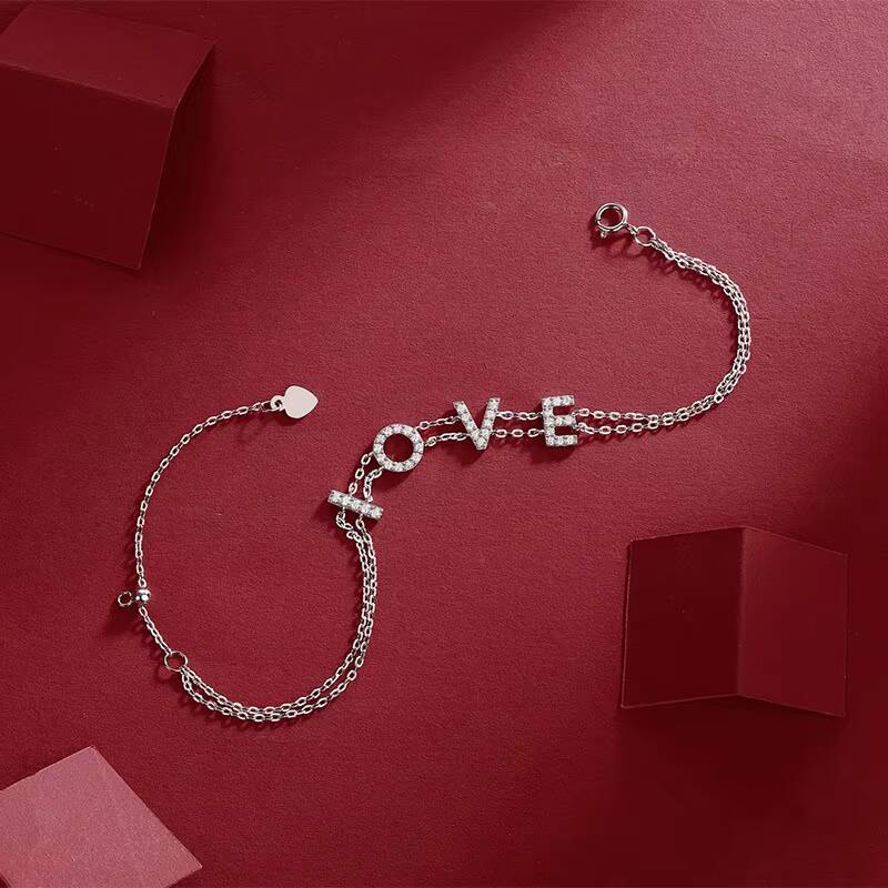 S925 Sterling Silver Moissanite LOVE Letter Bracelet Womens Light Luxury Minimalist Niche Design Cross-Border Best Seller