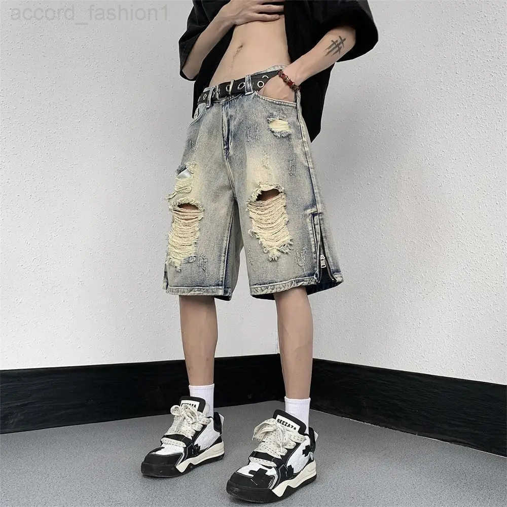 Mens High Street Ripped Denim Versatile Loose and Handsome Shorts H260330