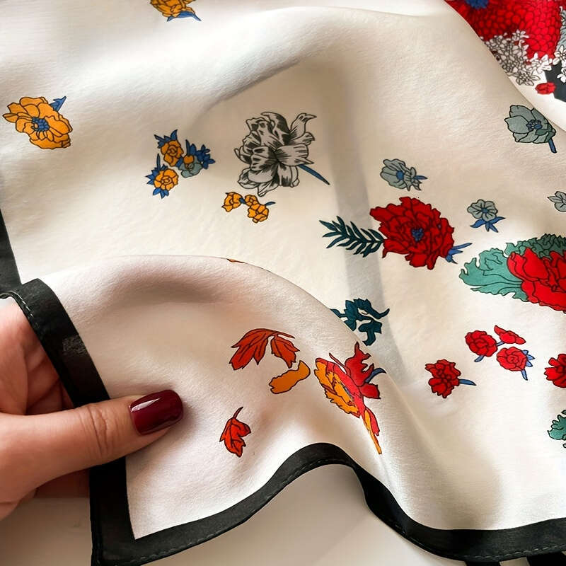 Elegant Bohemian Floral Print Scarf Smooth Non-Stretch Tassel Neck Wrap, Black Gray Versatile For Streetwear, Parties, Weddings, Daily Outfits Liuyuem