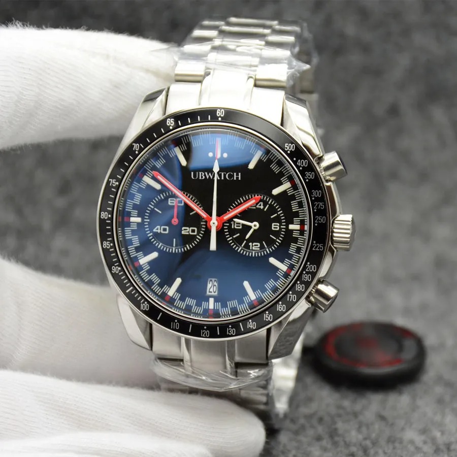 High Grade Quartz Chronograph Mens Watches Red Hands Stainless Steel Bracelet Fixed Bezel With A Top Ring Showing Tachymeter Markings