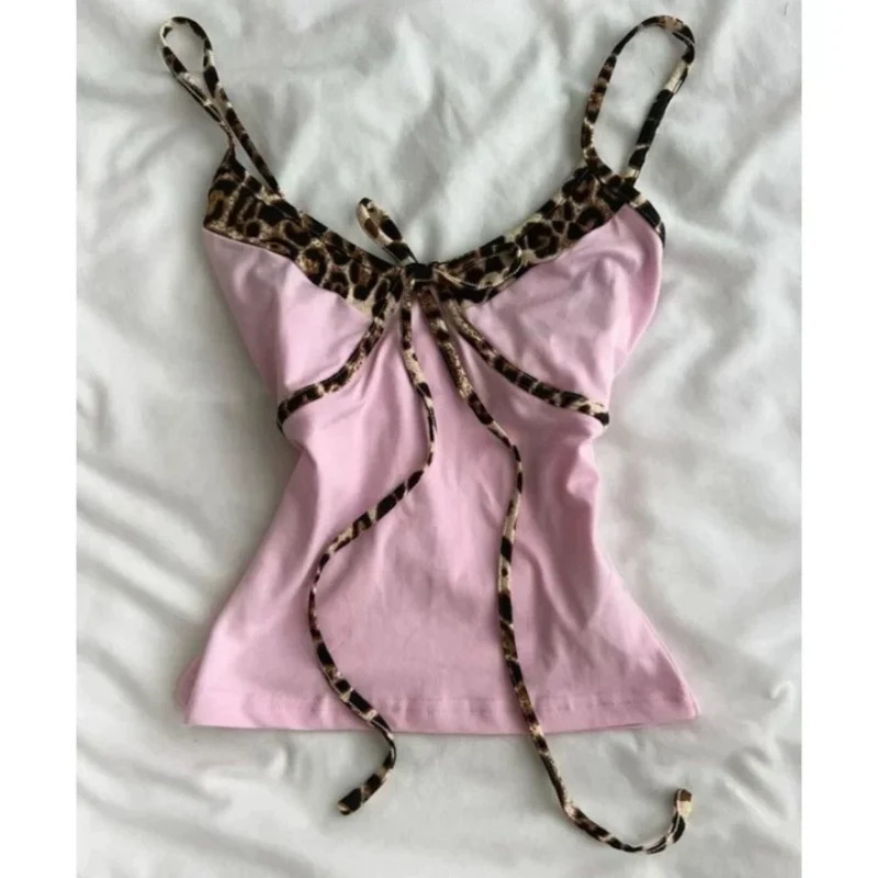 Summer Sexy Aesthetic Streetwear Sleeveless V-Neck top Y2K Pink Leopard Cami Top Womens Slim Tie-Front Spaghetti Strap Crop Top 260327