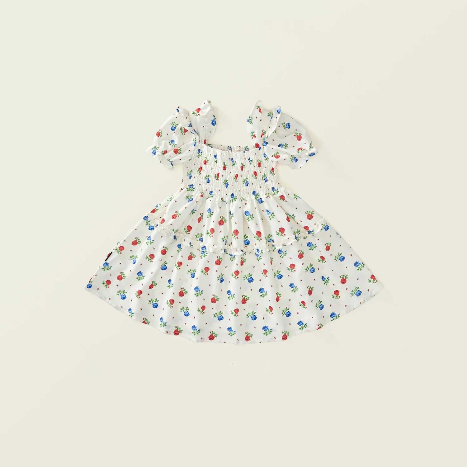 Girl Floral Short Sleeved Dress Summer New Childrens Clothing Square Neckline Pastoral Style Party Princess Dress Kids DressT260330