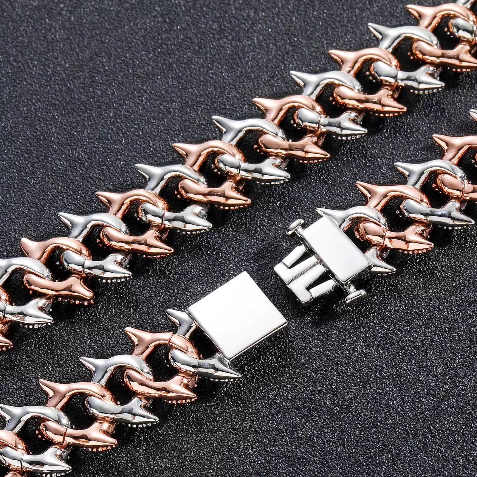 Hip Hop Rap Jewelry 18mm Wide Iced Out CZ Thorns Cuban Bracelet Rhodium and Rose Gold Plated Two Tone Spiked Cuban Link Bracelet