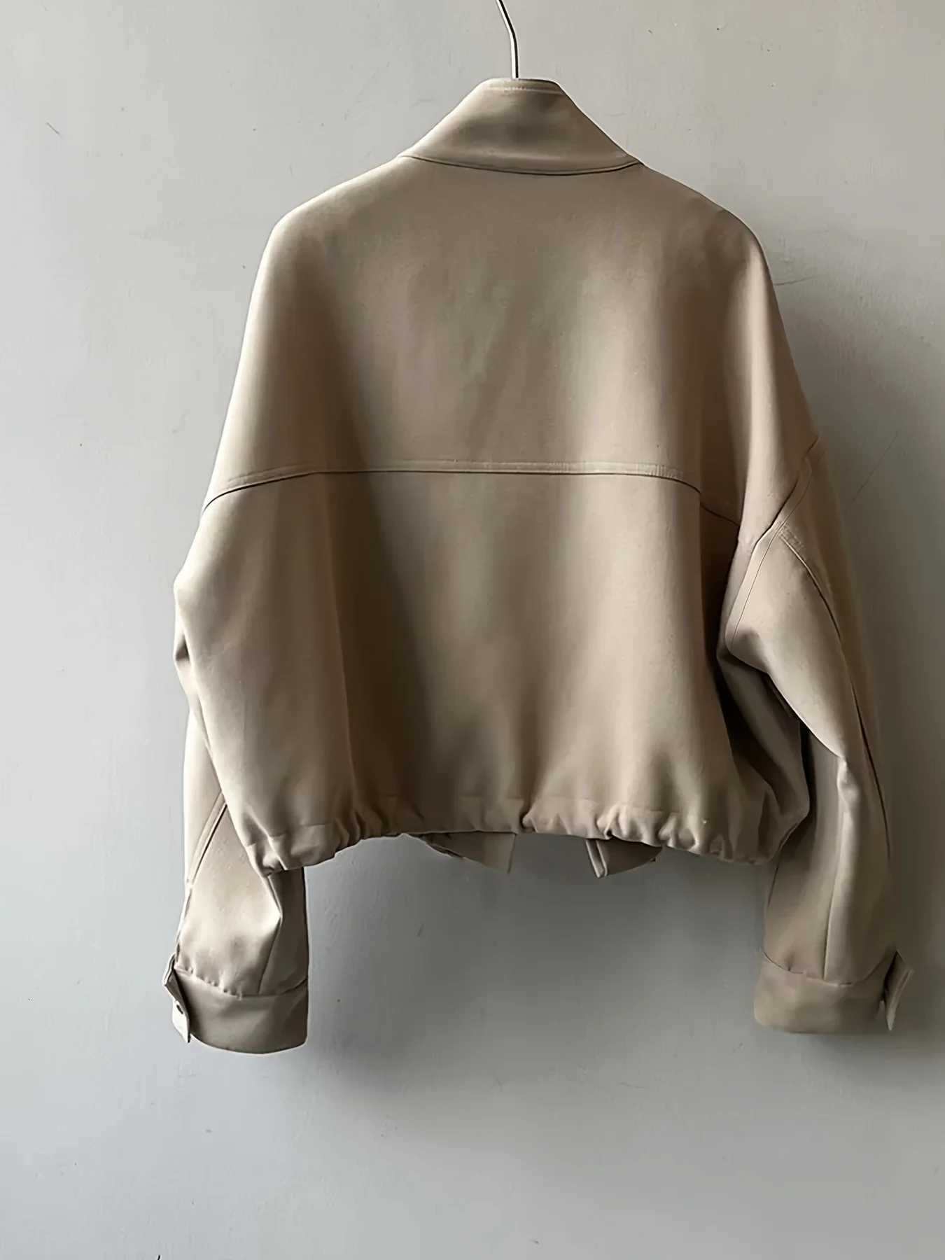 Womens Khaki Oversized Bomber Jacket Stand Collar Casual Short OuterwearT260328