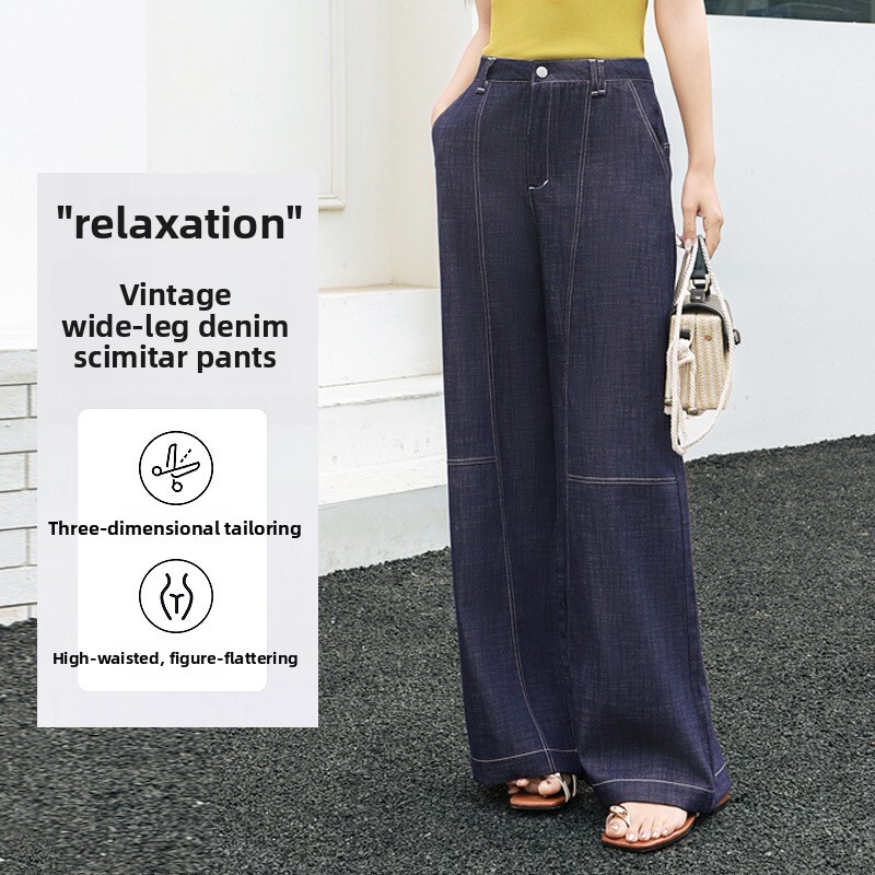 New women's curved hem pants, vintage-style with visible stitching, skin-friendly lining, fashionable silhouette, breathable and slimming wide-le