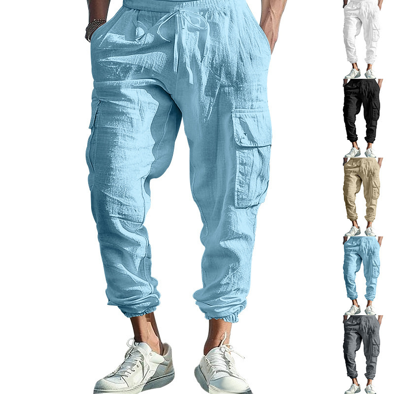 Autumn Cotton Linen Casual Jogger Multi-Pocket Drawstring Solid Color Loose Plus Size Drawstring Pants