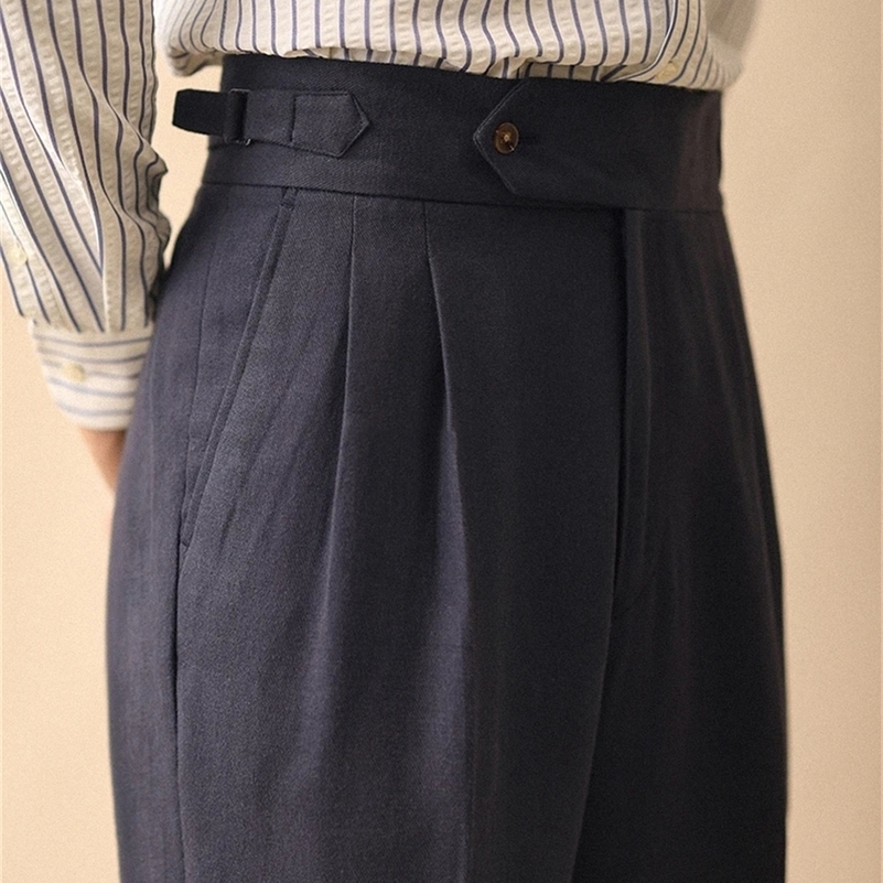 Linen Straight Pant For Men Summer Business Gentleman Naples Pant Paris Buckle Drape High Waisted Trousers Men Formal Pant 260327