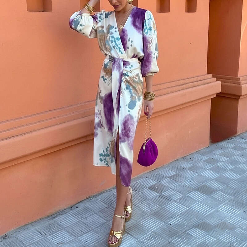 2026 Spring New Collection: Cross-Border European American Foreign Trade Women's Clothing, Sexy and Elegant V-Neck Printed Slim-Fit Casual Suit
