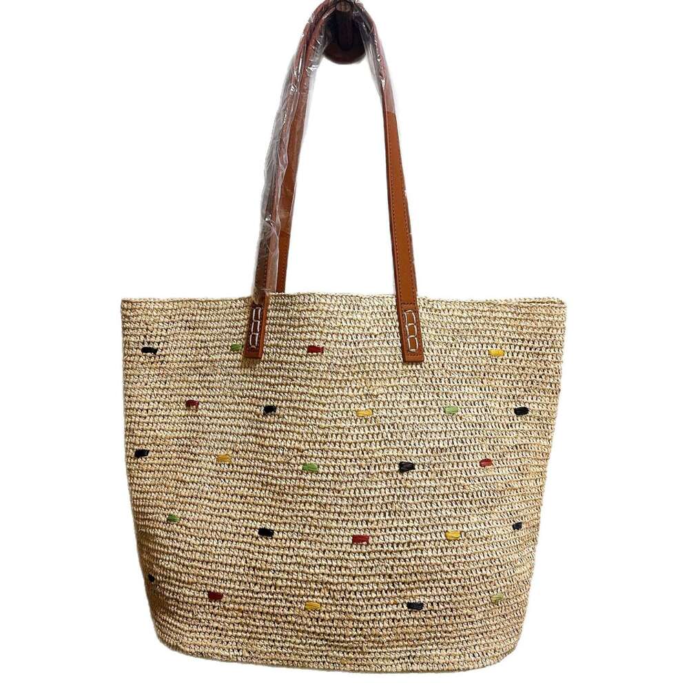 Totebag Shoulder ROSE NOIRE Japanese Style Hand Crocheted Raffia And Genuine Leather Strap Woven Women Embroidered Tote For Seaside Vacations Shoulder