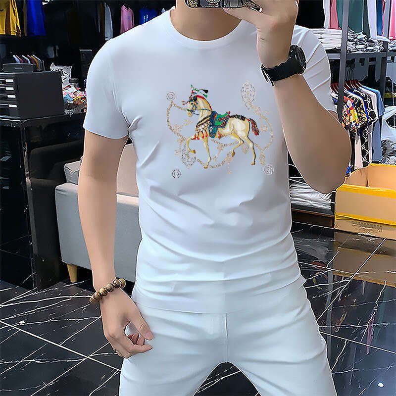 Ice Silk European Station 2026 Summer New Fashion Mens Trendy Rhinestone Short Sleeve T-Shirt Base Shirt