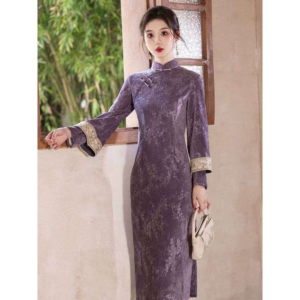 Women Purple Cheongsam Slim Fit Improved Qipao Vintage Chinese Style Autumn Sleeve Plum Floral Long Dresses MAKOUFEI