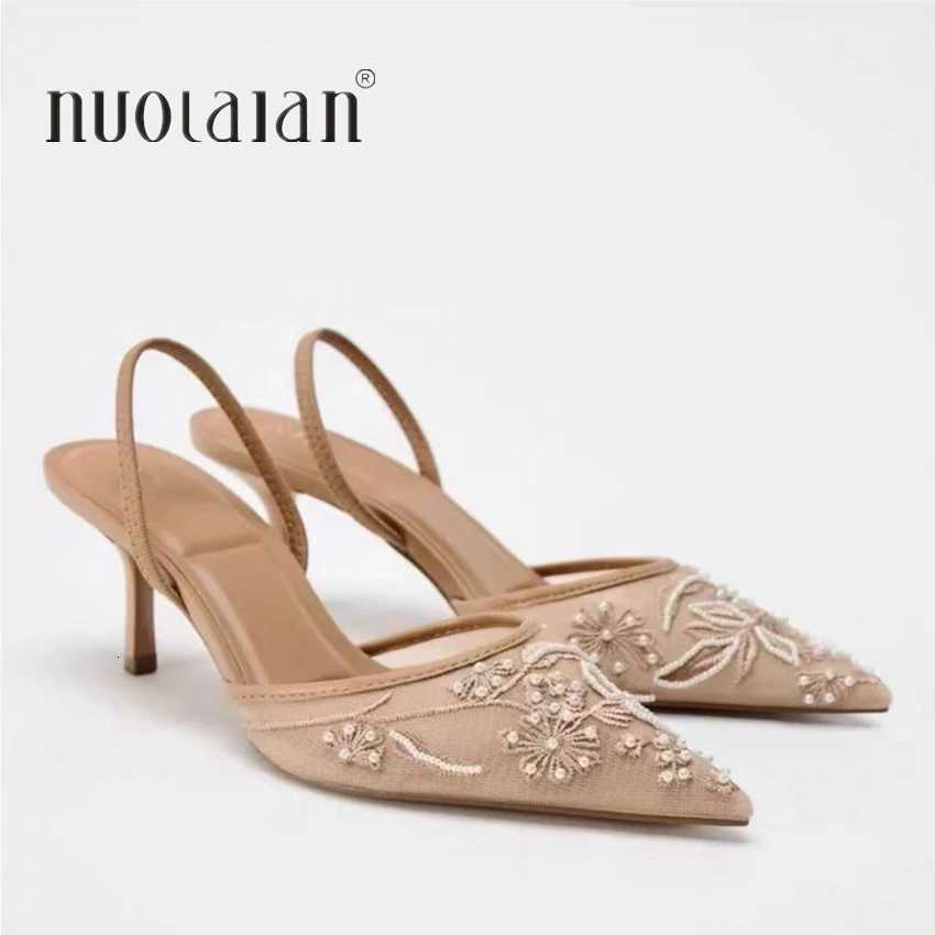 Mesh Embroidered Flowers High Heels Sandals Women 2025 Summer Sexy Slingback Pointed Toe Pumps Dress Shoes Sandalias De Mujer Z260330
